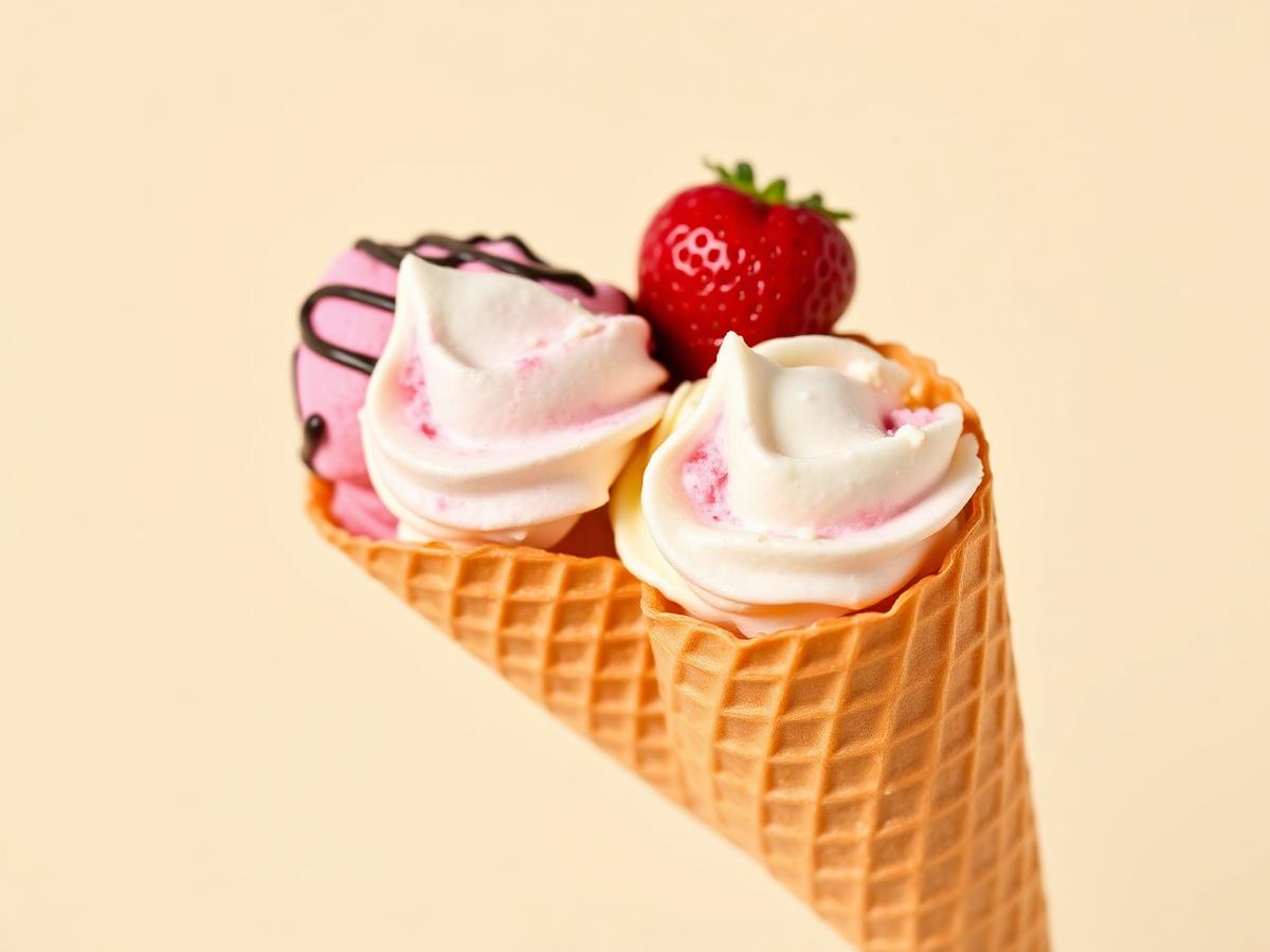 Waffle cones filled with vanilla, chocolate and strawberry ice cream